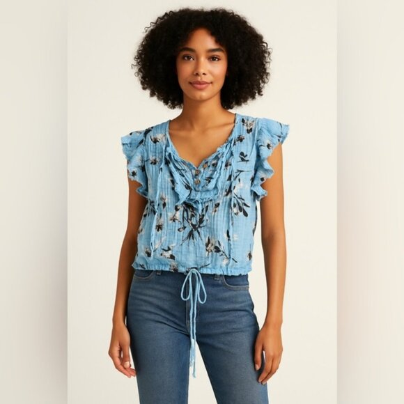 Free People FP One Ruffle Sleeve Floral Blouse Blue Size S - Picture 1 of 8